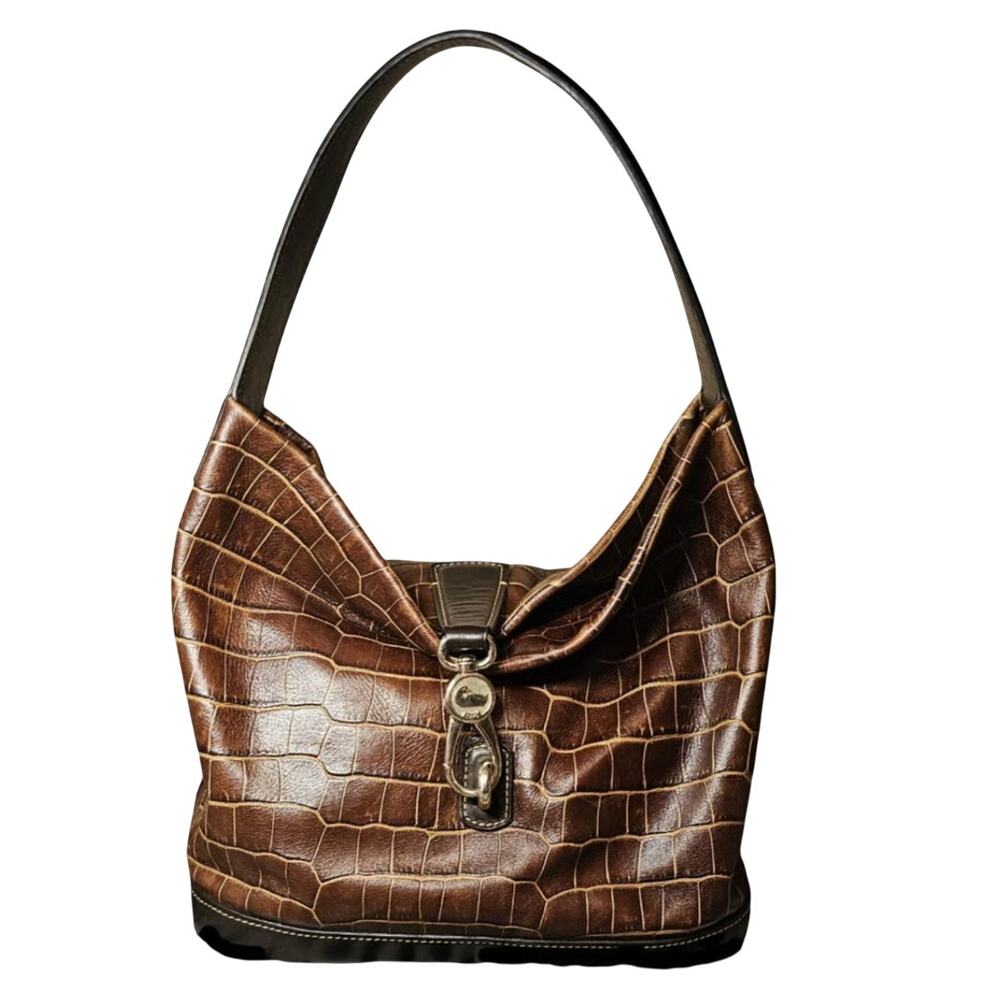 Dooney & Bourke Croco Logo Lock Sac Brown Croc Embossed Leather Shoulder Bag